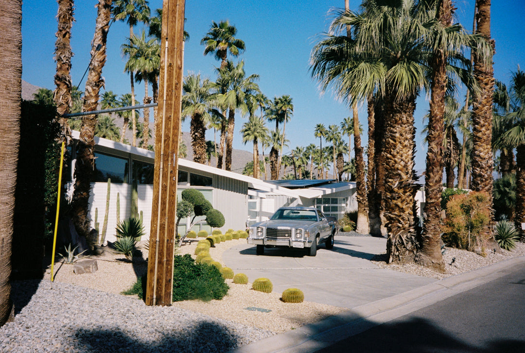 Analog photo print on Fujifilm paper featuring a midcentury modern home in Palm Springs, with tall palm trees under a sunny sky and a vintage Ford Ranchero parked in front.
